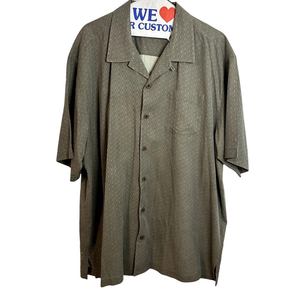 Tommy Bahama Silk Hawiian Button Up Shirt Mens Size XL Gray White Geometric